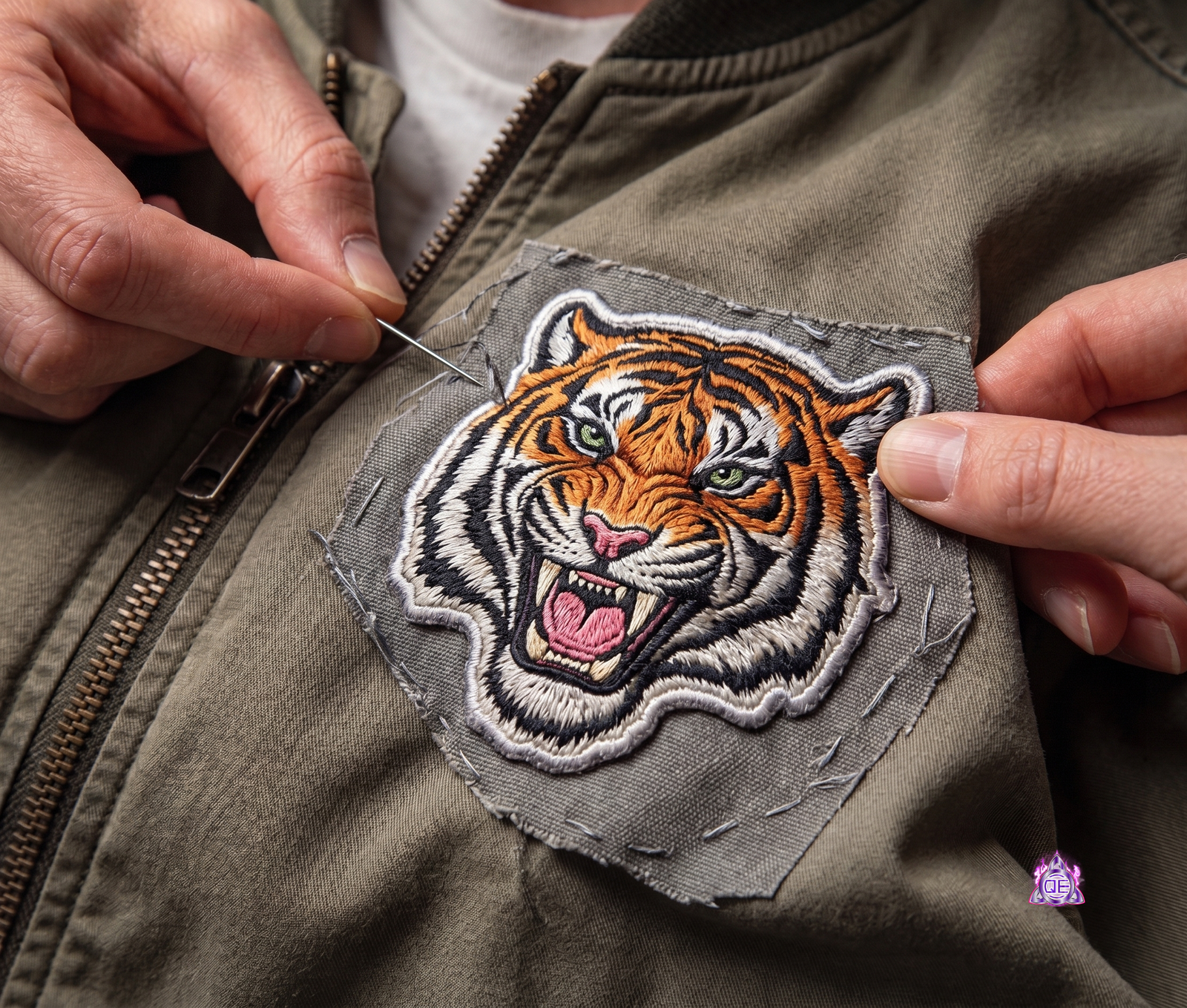 Close-up of hands sewing an applique tiger patch onto a fabric jacket