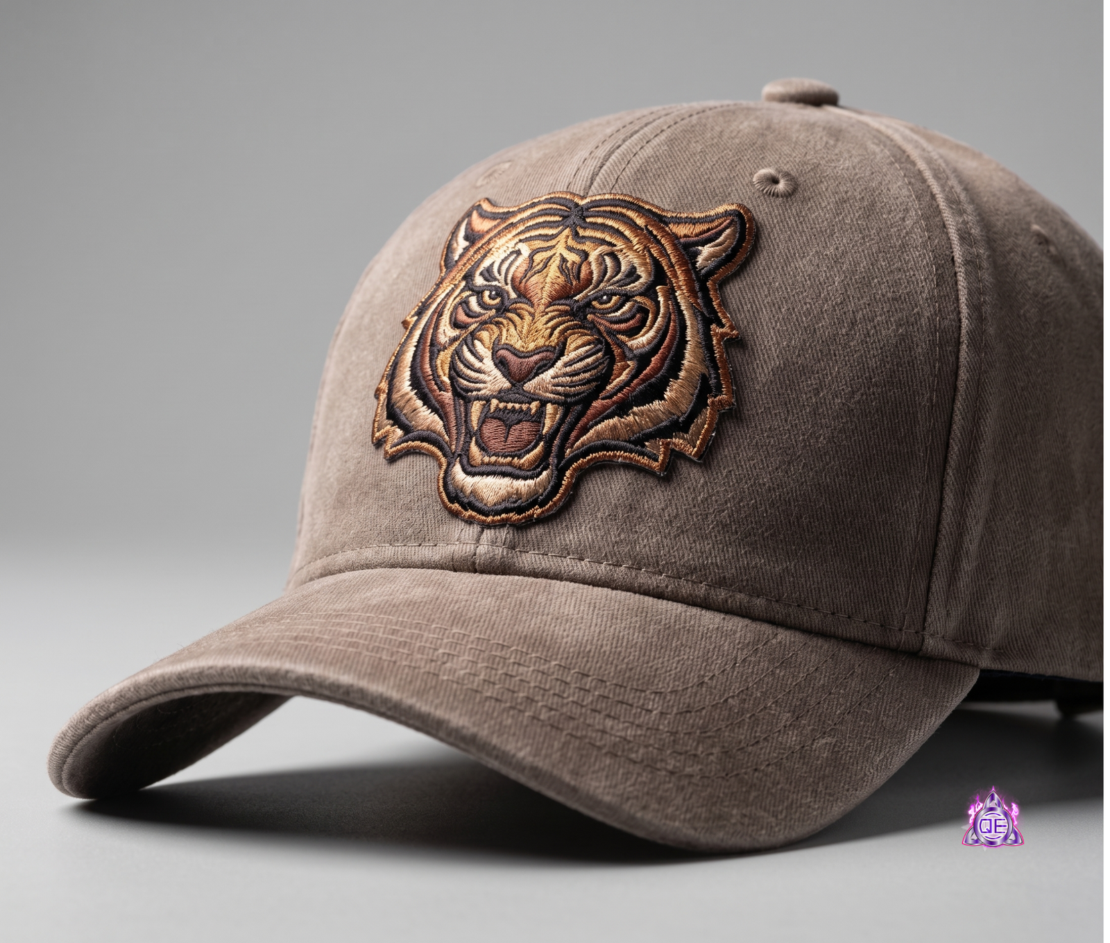 Real photograph of a brown cap with bold 3D puff embroidered tiger