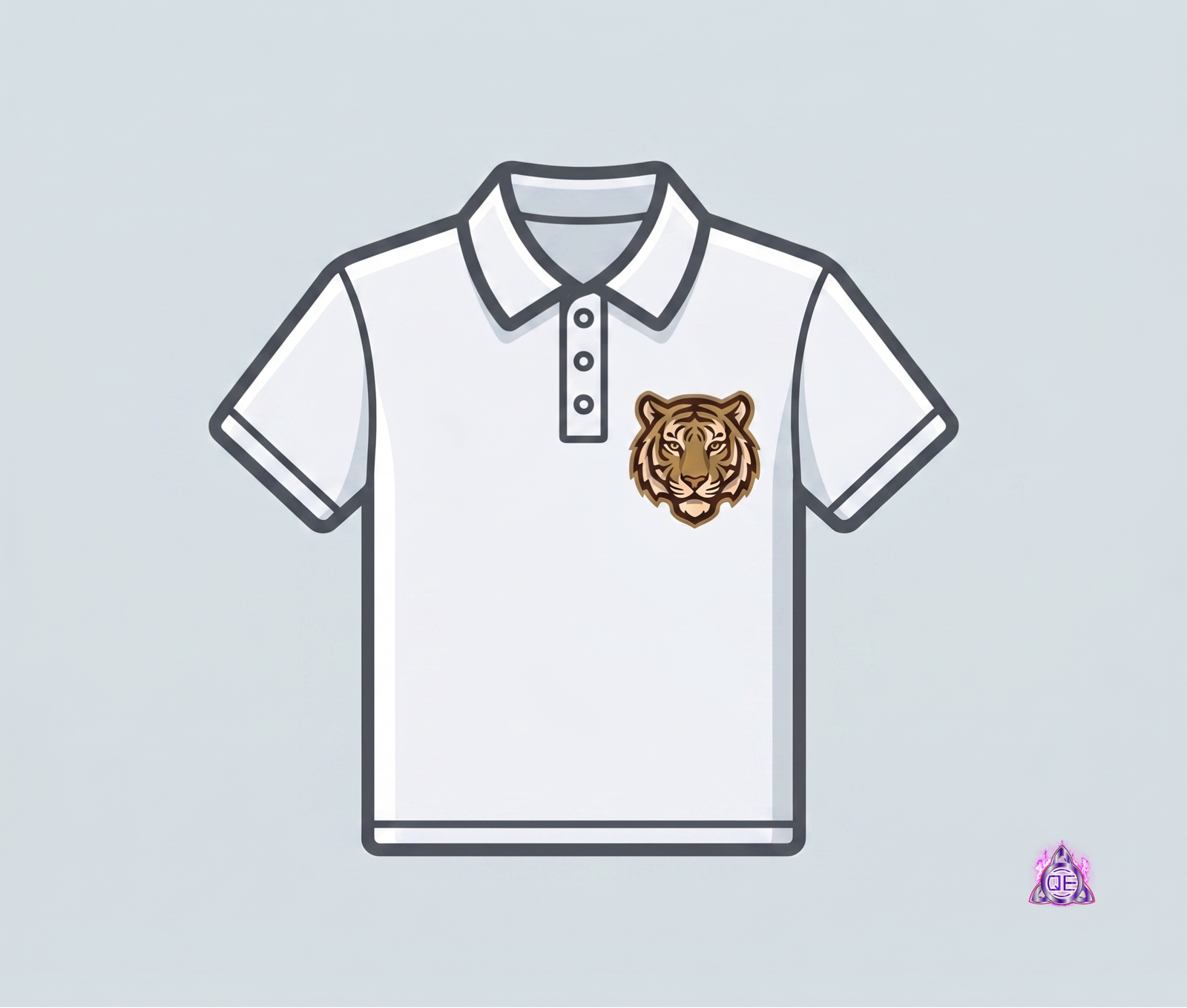 Simple line-art sketch of a polo shirt with a small chest logo